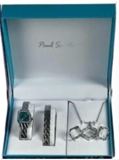 Paul Salatini Ladies Bling Blue Dial Silver Barcelet Watch Gift Sets 8085BLU