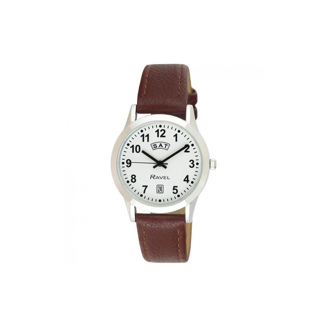 Ravel Mens Stainless Steel Day/Date Brown Faux Leather Strap Watch + Ravel Womens Stainless Steel Day/Date Brown Faux Leather Strap Watch R0706.41.1+ R0706.41.2