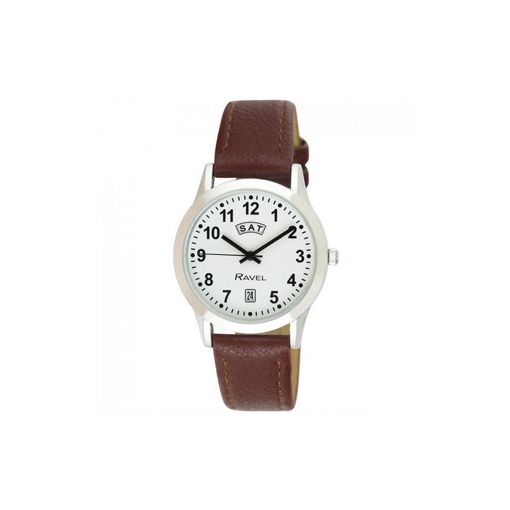 Ravel Mens Stainless Steel Day/Date Brown Faux Leather Strap Watch + Ravel Womens Stainless Steel Day/Date Brown Faux Leather Strap Watch R0706.41.1+ R0706.41.2