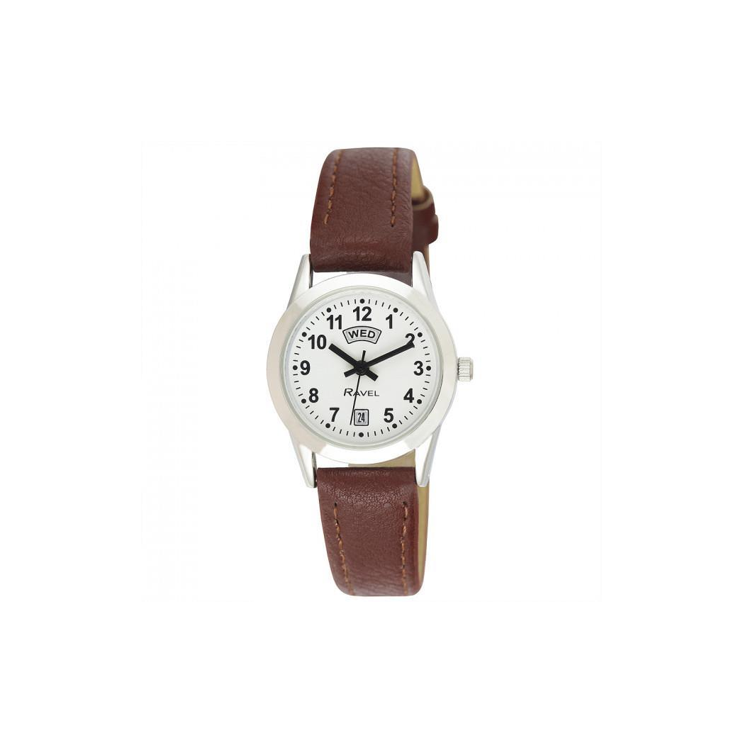 Ravel Mens Stainless Steel Day/Date Brown Faux Leather Strap Watch + Ravel Womens Stainless Steel Day/Date Brown Faux Leather Strap Watch R0706.41.1+ R0706.41.2