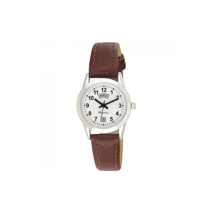 Ravel Mens Stainless Steel Day/Date Brown Faux Leather Strap Watch + Ravel Womens Stainless Steel Day/Date Brown Faux Leather Strap Watch R0706.41.1+ R0706.41.2